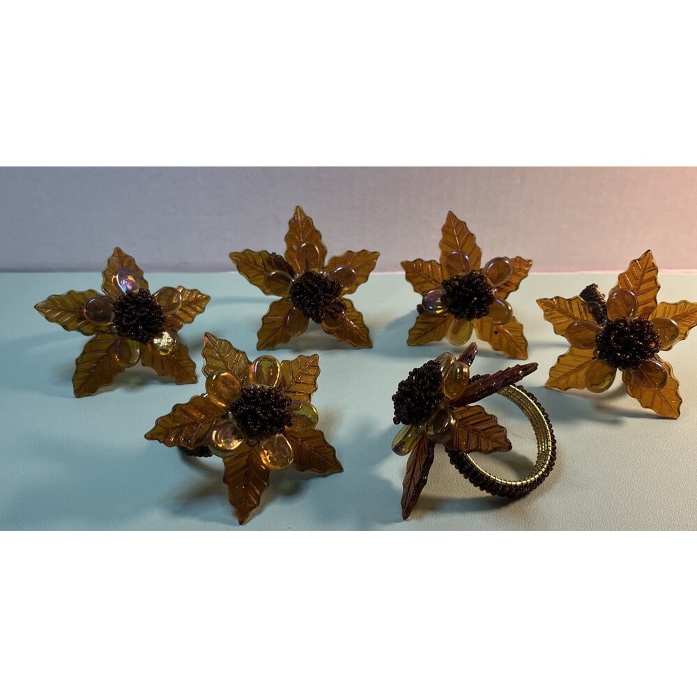 Set Of 6 JCPenney Glass Brown Leaves Beaded Napkin Rings ~ Fall Thanksgiving